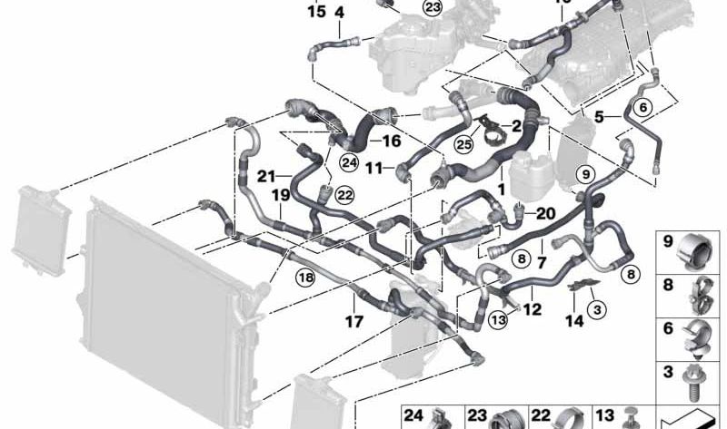 Manguera del radiador de refrigerante para BMW F20N, F21N, F22, F23, F30N, F31N, F34N, F35N, F32, F33, F36 (OEM 17128673993). Original BMW