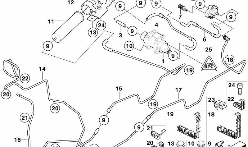 Línea de retorno de combustible trasera para BMW E53 (OEM 16127175089). Original BMW.