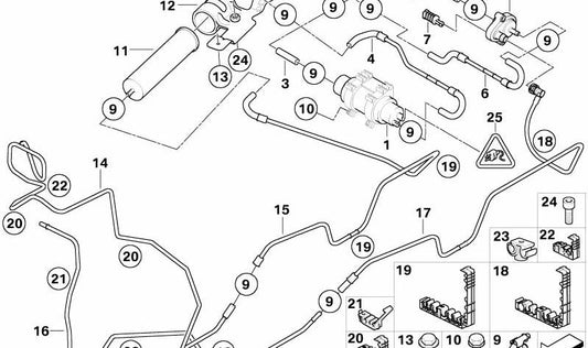 Línea de retorno de combustible trasera para BMW E53 (OEM 16127175089). Original BMW.