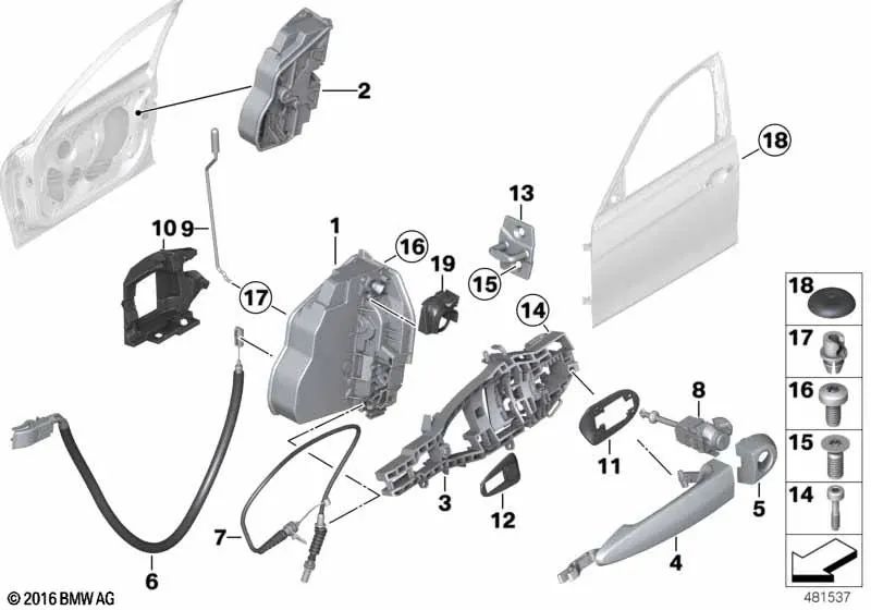 Cable Bowden para abridor de puerta interior delantero para BMW Serie 3 F30, F31, F35, F80 (OEM 51217259827). Original BMW.