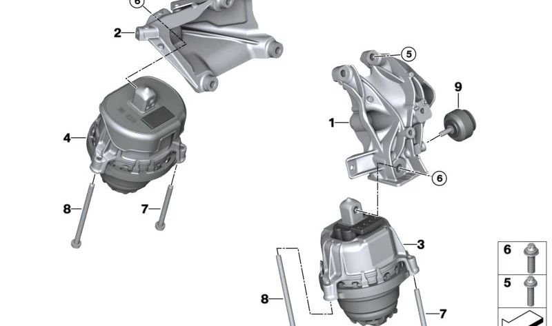 Motor support with OEM vibration shock absorber 22119452147 for BMW G60, G61. Original BMW.