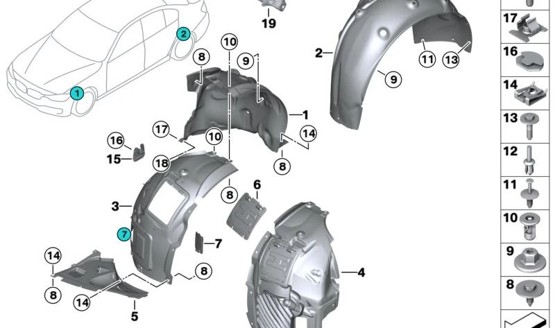 Cubierta del paso de rueda trasero derecho para BMW F30, F31, F35 (OEM 51717260294). Original BMW