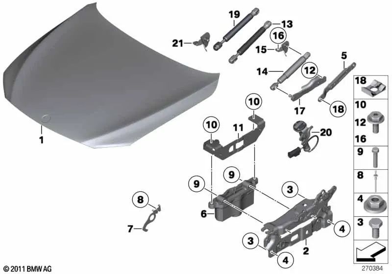 Bisagra del capó delantero izquierda para BMW F01, F01N, F02, F02N, F04 (OEM 41007204555). Original BMW