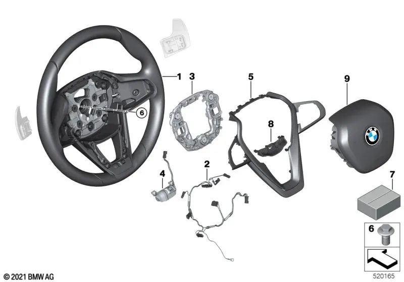 Volante Deportivo de Cuero con Paletas de Cambio para BMW Serie 5 G30, G31, G38, Serie 6 G32, Serie 7 G11, G12, Serie 8 G14, G15, G16 (OEM 32306871732). Original BMW