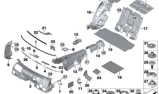 Aislante acústico paso de rueda trasero izquierdo OEM 51487343475 para BMW G11, G12. Original BMW.