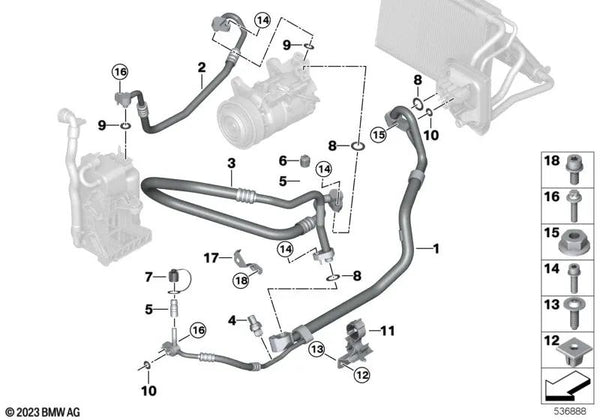 Tubería de Presión Compresor-Condensador para BMW G01, G01N, G02, G02N (OEM 64539476309). Original BMW