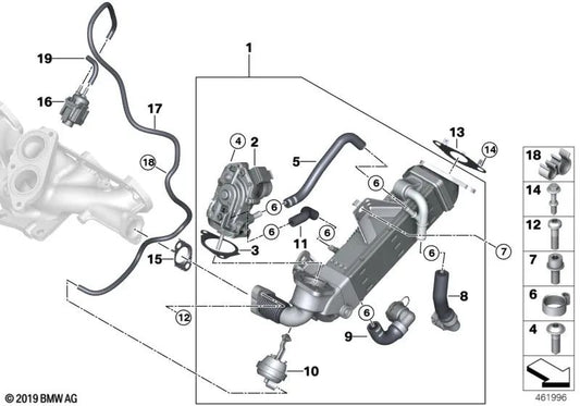 Enfriador de Gases de Escape para BMW Serie 3 G20, G21, Serie 5 G30, G31, Serie 6 G32, Serie 7 G11N, Serie 8 G14, G15, X3 G01, X4 G02, X5 G05, X6 G06, X7 G07 (OEM 11718599832). Original BMW.