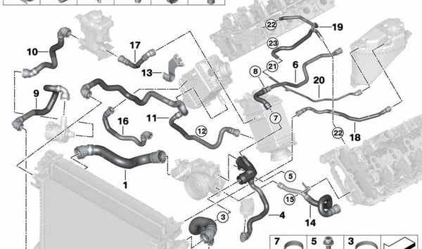 Manguera del depósito de expansión OEM 17129894766 para BMW G05, G06, G07. Original BMW