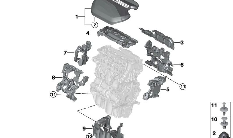 Copertura acustica del cote OEM 11148471872 per BMW F70, U06, U11, U10, U25. BMW originale.