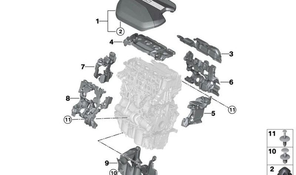 Cubierta acústica del cárter OEM 11148471872 para BMW F70, U06, U11, U10, U25. Original BMW.