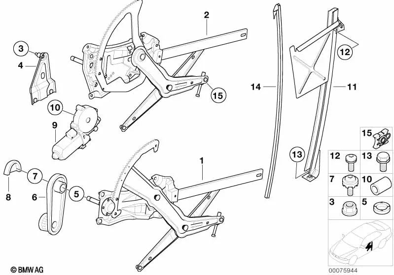 Front left electric window regulator for BMW 3 series E46, E90 5 series E60 (OEM 51338397705). Original BMW