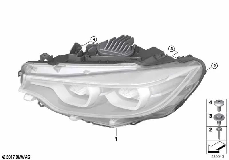 Right LED headlight for BMW F80N, F32N, F33N, F36N, F82N, F83N (OEM 63117478152). Genuine BMW