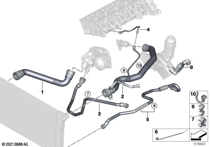 Thermostat Coolant Pipe for BMW 5 Series F10N, F11N (OEM 17128589900). Genuine BMW