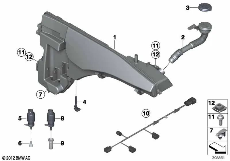 Windshield washer fluid reservoir for BMW X5 E70, E70N (OEM 61667162588). Original BMW