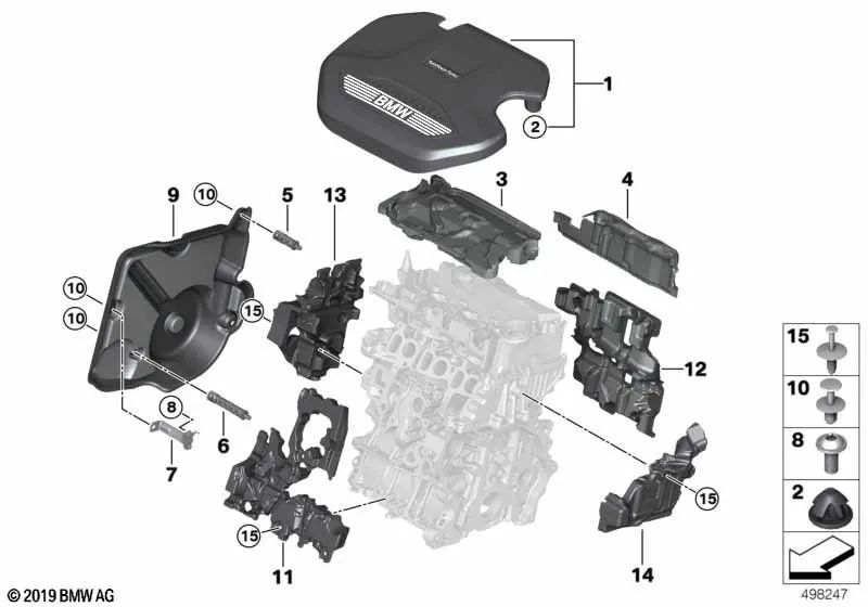 Cubierta del motor para BMW F40, F44, F45N, F46N, F48, F48N, F39 (OEM 11148579533). Original BMW