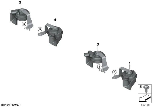 Electronic low tone horn bracket for BMW X5 F95N, G05N, G18N, X6 F96N, G06N, X7 G07N (OEM 61335A6E7D1). Original BMW.