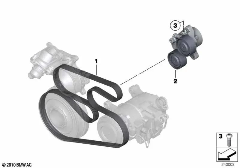 Tensor de correa mecánico para BMW E84, F15, F16, F25, F26, F20, F20N, F21, F21N, F22, E90N, E91N, E92N, E93N, F30, F30N, F31, F31N, F34, F34N, F32, F32N, F33, F33N, F36, F36N, F07, F10, F11, F06, F12, F13, F01N, F02N (OEM 11287810807). Original BMW