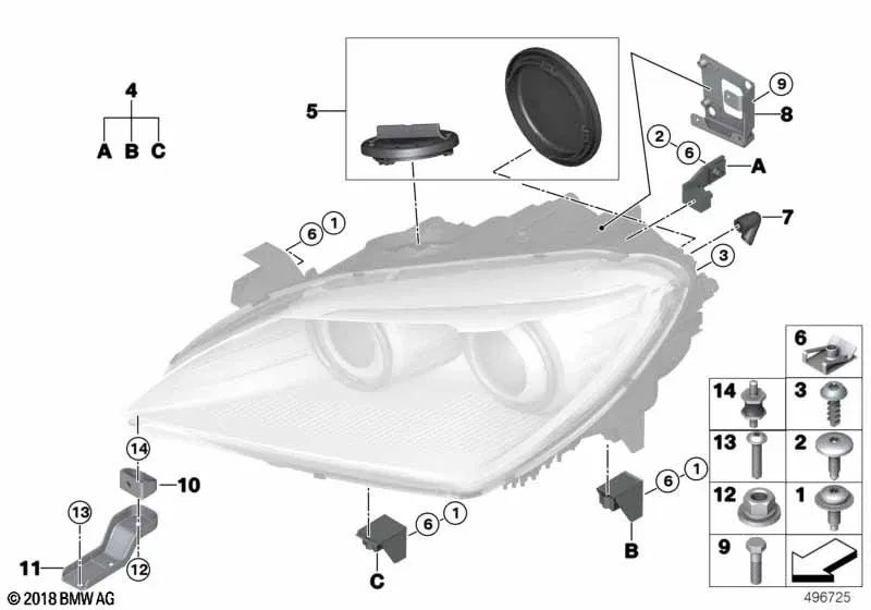 Kit de reparación de faro izquierdo para BMW F06, F12, F13 (OEM 63127277519). Original BMW