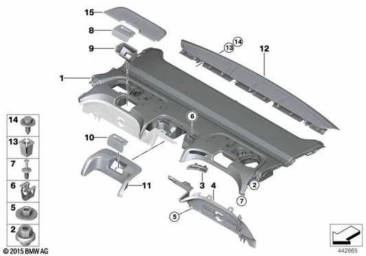 Cubierta del reposabrazos superior para BMW Serie 7 G11, G11N, G12, G12N (OEM 51467410449). Original BMW.