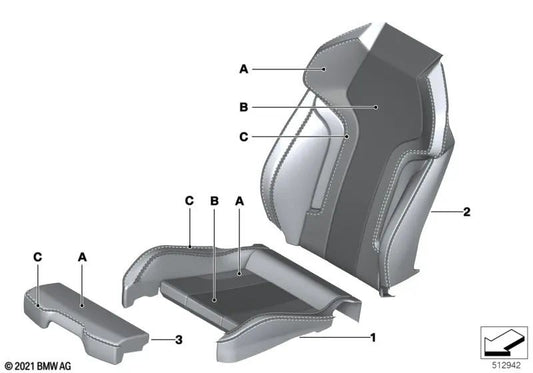 Rechter Sportsitz-Rückenlehnenbezug aus Leder für BMW 3er G80, G81, 4er G82, G83 (OEM 52107993776). Original BMW