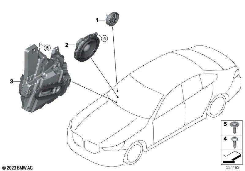 Front Left Door Composite Subwoofer Speaker for BMW 5 Series G60 (OEM 65135A5AF85). Original BMW.