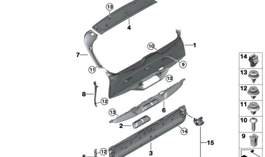 Embellecedor lateral izquierdo portón trasero OEM 51498738627 para BMW G05, G18, F95. Original BMW.