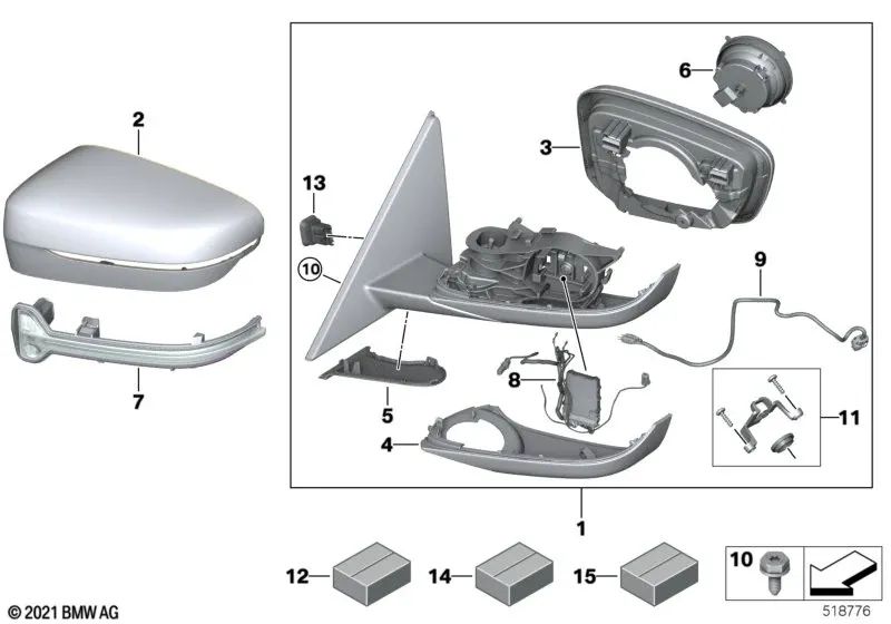 Heated exterior mirror with memory left for BMW G22, G23 (OEM 51165A08343). Genuine BMW