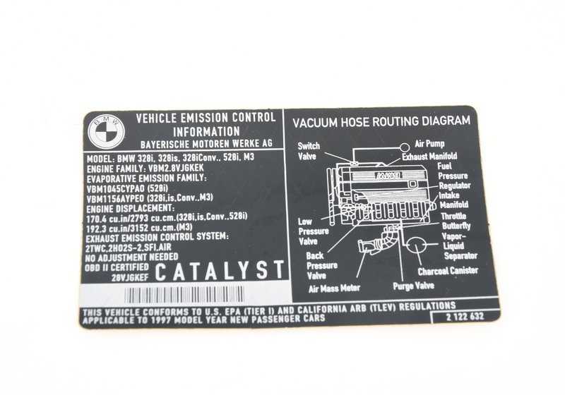 Etiqueta de advertencia de gases de escape OEM 71212122632 para BMW E36, E39. Original BMW.