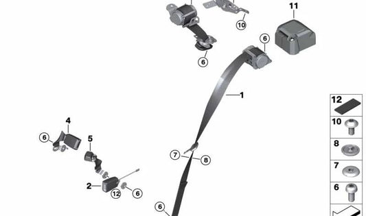 Cinturão de segurança à direita OEM 72117313378 para BMW F45, F48. BMW original.