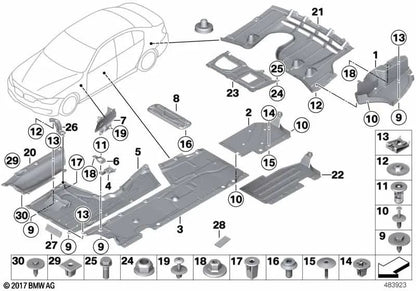 MID -LEFT BAJOSUELO COVER für die BMW 3 F30N -Serie (OEM 51757373843). Original BMW