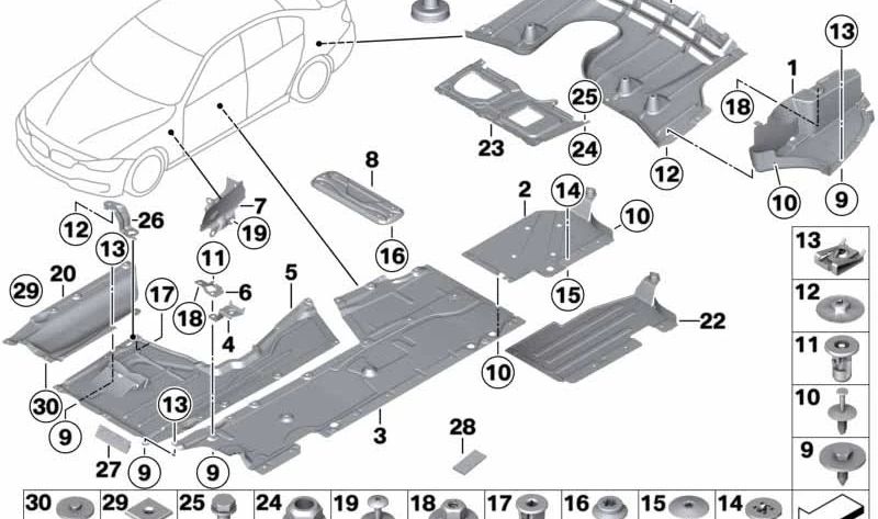 Protecteur inférieur sous le corps arrière gauche OEM 51757260769 pour BMW F32, F33, F34, F36, F82, F83. BMW d'origine.