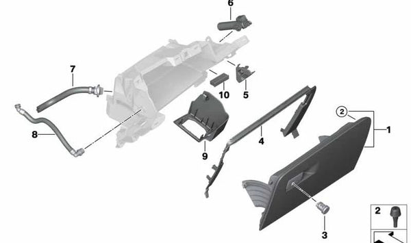 Tapa de guantera de cuero OEM 51168072106 para BMW F90 (M5). Original BMW.