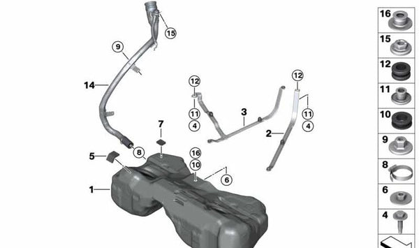 Soporte de sujeción derecho OEM 16117404151 para BMW G01, G02. Original BMW.