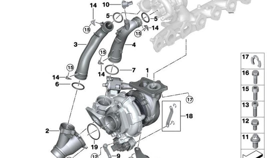 Abgasturboladerhalterung für BMW 3er G20, G21, 4er G22, G23, G26, 5er G30N, G31N, 6er G32N, 7er G11N, G12N, G70, 8er G14, G15, G16, X3 G01, G01N, X4 G02, G02N, X5 G05, G05N, X6 G06, G06N,