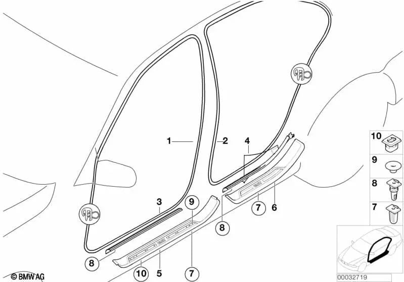 Cobertor de umbral de entrada delantero para BMW E39 (OEM 51478204006). Original BMW