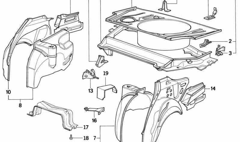 Aleta interior trasera derecha OEM 41141973894 para BMW E34. Original BMW.