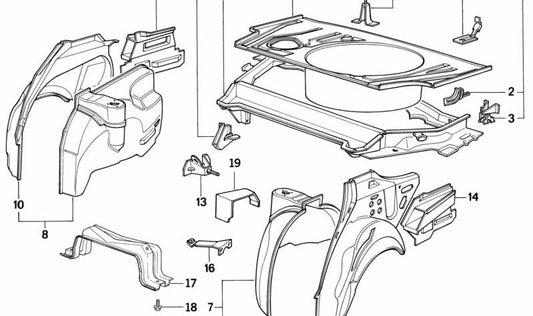 Aleta interior trasera derecha OEM 41141973894 para BMW E34. Original BMW.