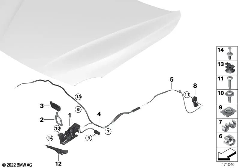 Cerradura de escotilla delantera, parte inferior derecha para BMW F20, F21, F22, F23, F87, F30, F31, F34, F35, F80, F32, F33, F36, F82, F83 (OEM 51237242549). Original BMW