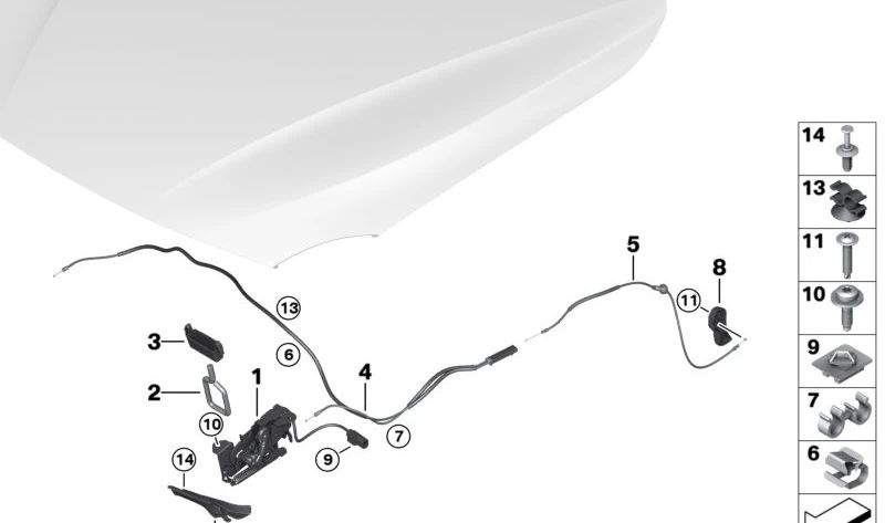 Cerradura capó lado izquierdo OEM 51237242548 para BMW F20, F21, F22, F23, F87, F30, F31, F34, F80, F32, F33, F36, F82, F83. Original BMW.