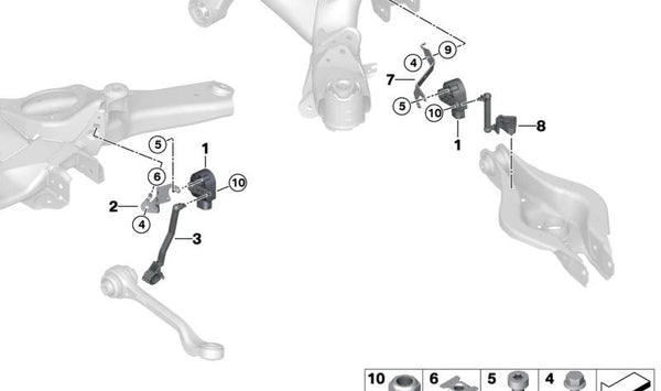 Soporte del sensor de nivel de altura delantero izquierdo para BMW G26E, G26F (OEM 37146894454). Original BMW