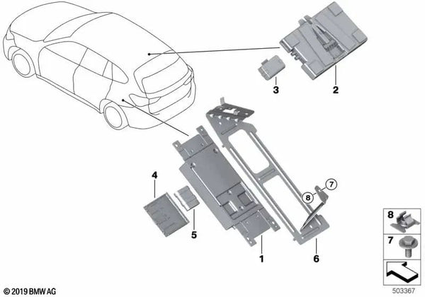 Soporte para unidad de control telemático para BMW F45, F45N, F48, F48N, F49, F49N, F39 (OEM 65159264557). Original BMW.