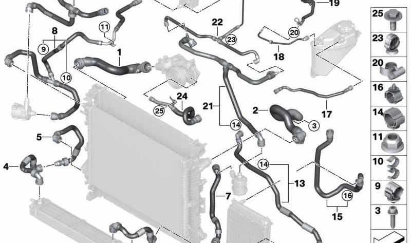 Tubo de conexión depósito de expansión a culata OEM 17128094227 para BMW X5M (F95), X6M (F96). Original BMW.