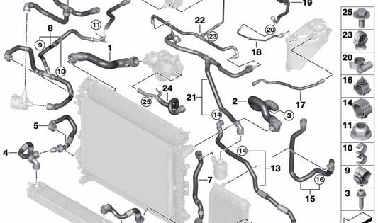 Tubo de conexión depósito de expansión a culata OEM 17128094227 para BMW X5M (F95), X6M (F96). Original BMW.