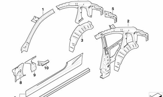 Pasarruedas exterior trasero izquierdo para BMW E92, E92N (OEM 41008045857). Original BMW