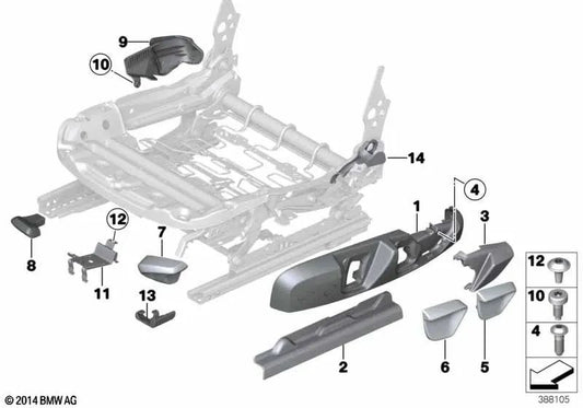 Left outer seat cover for BMW F20, F21, F22, F23, F30, F31, F34, F32, F36 (OEM 52107293583). Original BMW