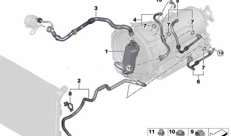 Enfriador de aceite de la transmisión para BMW F30N, G30, G31, G38, G32, G11, G12, G01, G08, G02 (OEM 17218607237). Original BMW.