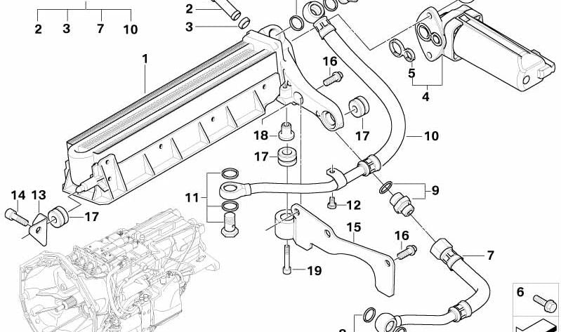 Tubería de aceite de transmisión (Vorlauf) OEM 17222283112 para BMW E60, E61, E63, E64. Original BMW.