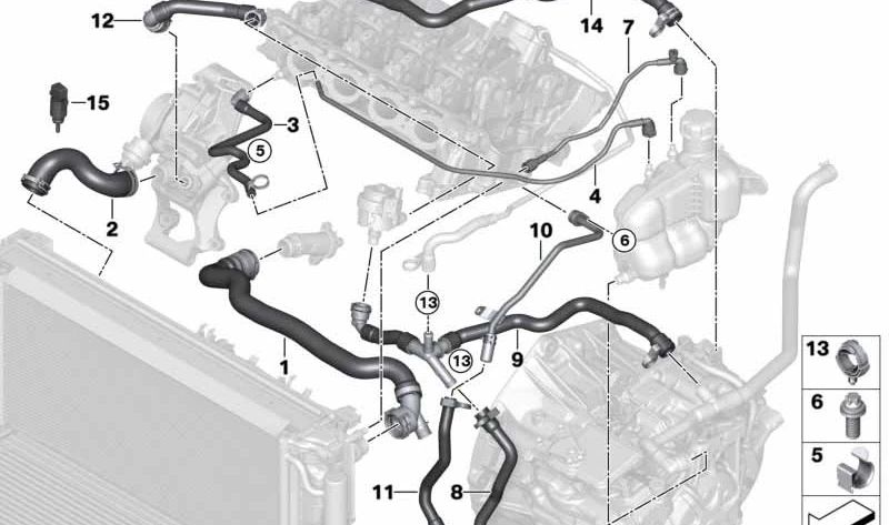 Manguera del depósito de refrigerante al motor OEM 17128647256 para BMW Serie 1 (F52), Serie 2 (F45, F46), X1 (F48, F49), X2 (F39). Original BMW