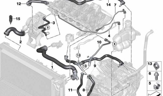 Manguera del depósito de refrigerante al motor OEM 17128647256 para BMW Serie 1 (F52), Serie 2 (F45, F46), X1 (F48, F49), X2 (F39). Original BMW