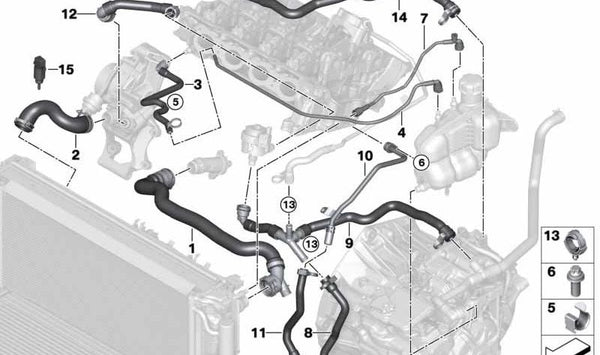 Manguera del depósito de refrigerante al motor OEM 17128647256 para BMW Serie 1 (F52), Serie 2 (F45, F46), X1 (F48, F49), X2 (F39). Original BMW